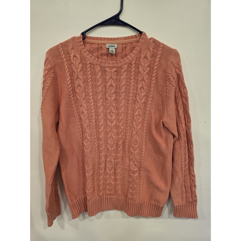 LL Bean Cable Knit Sweater Medium Pink 100% Cotton Crewneck Classic Cottage